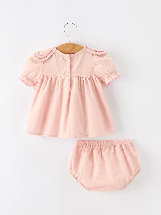 Fall Baby Girl Pink Peter Pan Collar Embroidered Bloomer Set -