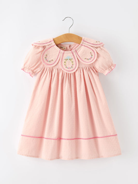 Fall Baby Girl Pink Floral Embroidered Peter Pan Collar Dress -