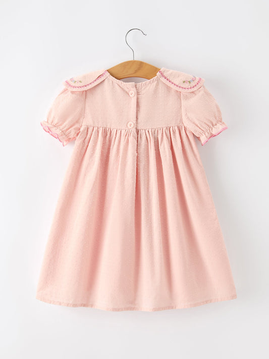 Fall Baby Girl Pink Floral Embroidered Peter Pan Collar Dress -