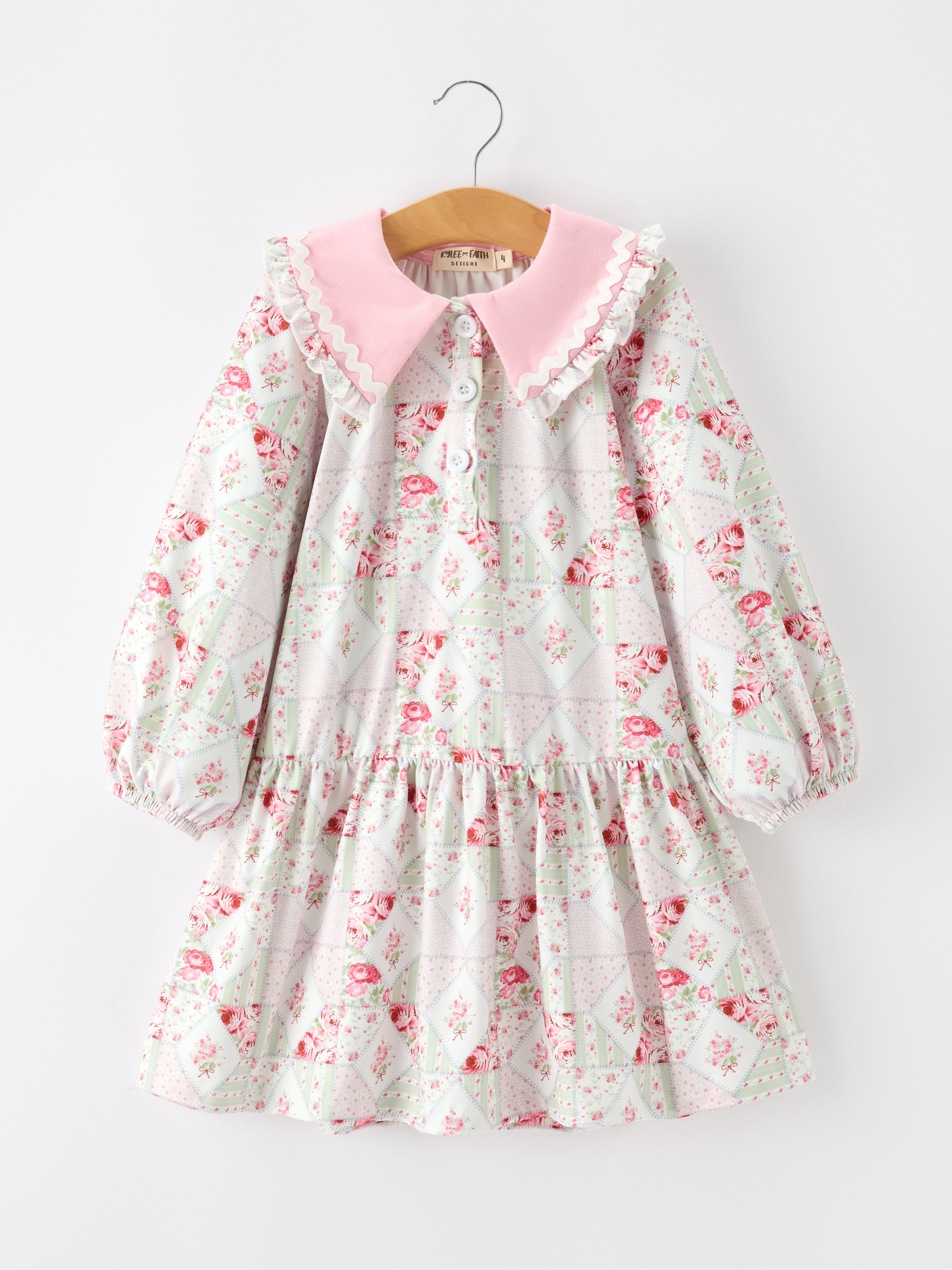 Fall Girls Floral Peter Pan Collar Ruffle Long-sleeved Dress -