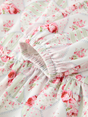 Fall Girls Floral Peter Pan Collar Ruffle Long-sleeved Dress -