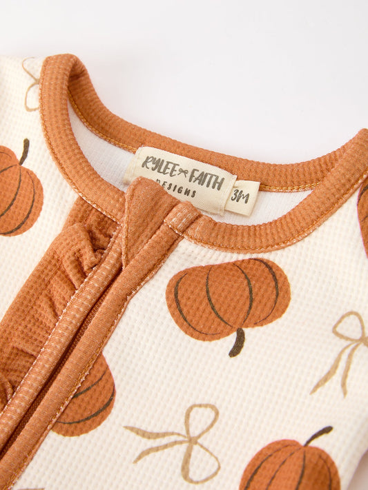 Pumpkin Ruffle Waffle Knit Zip Romper – Fall & Thanksgiving -