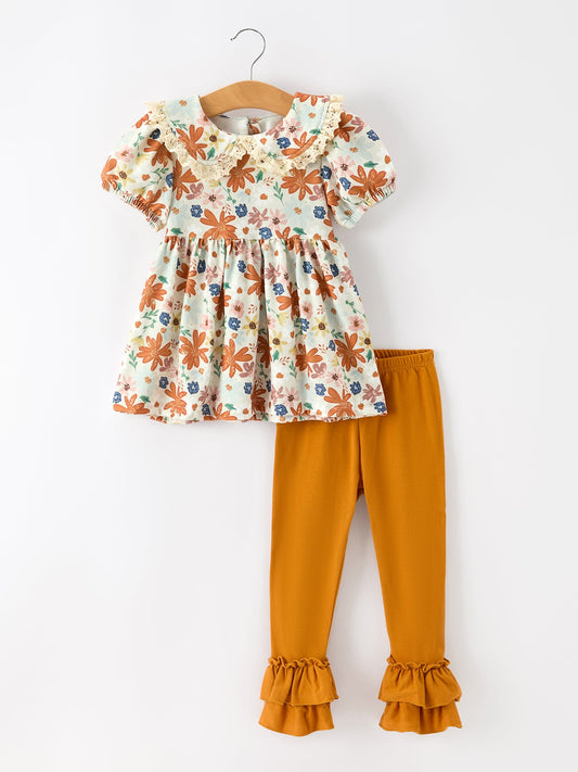 Fall Girls Floral Lace Collar Puff Sleeve Outfit Set -