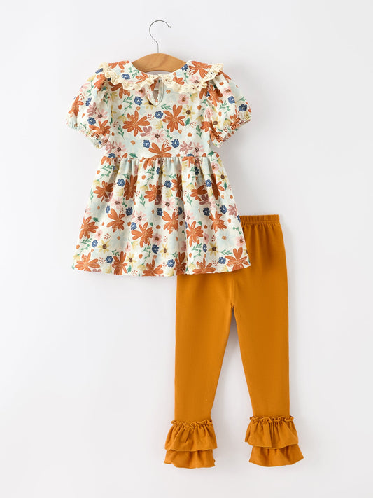 Fall Girls Floral Lace Collar Puff Sleeve Outfit Set -