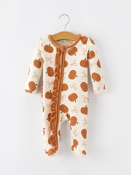 Pumpkin Ruffle Waffle Knit Zip Romper – Fall & Thanksgiving -