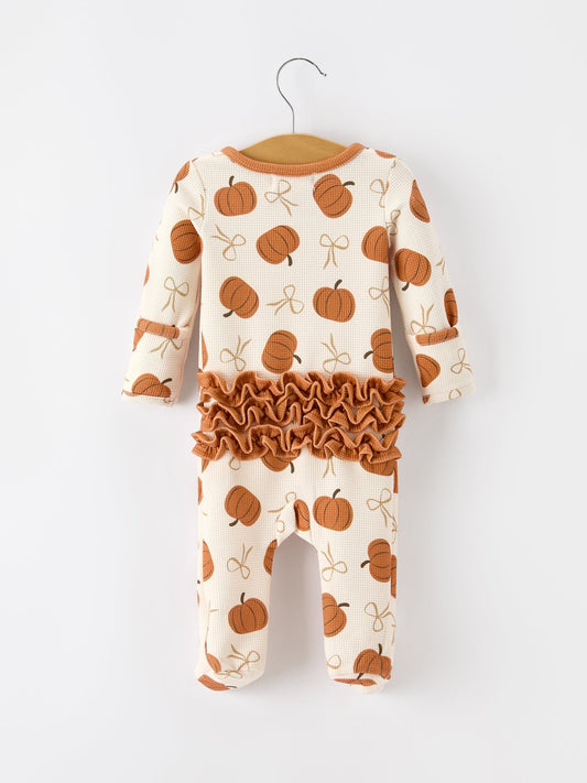 Fall Thanksgiving Pumpkin Ruffle Zip Sleeper Waffle Jumpsuit -