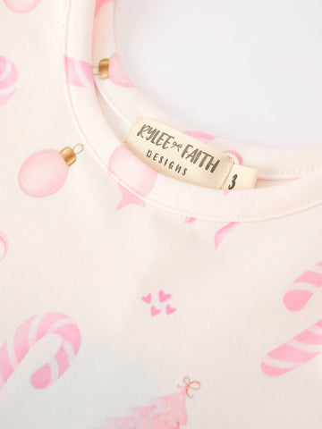 Girls Pink Christmas Ornament Print Flare Dress