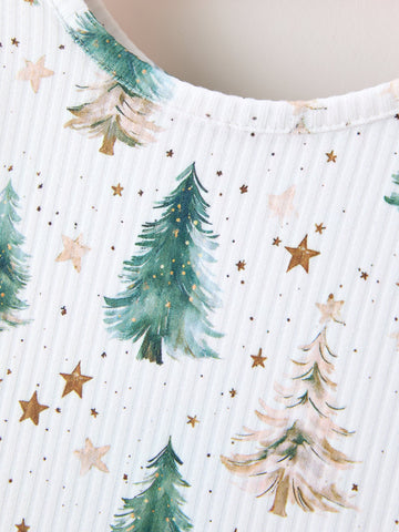 Girls Christmas Tree & Star Ribbed Print Twirl Dress
