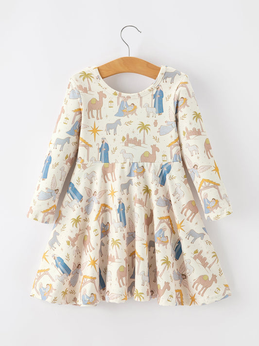 Christmas Girls Nativity Print Twirl Long Sleeve Dress -