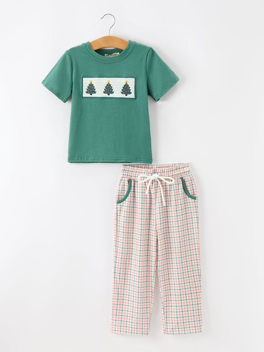 Boys Christmas Embroidered T-Shirt & Plaid Pants Set -