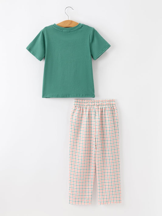 Boys Christmas Embroidered T-Shirt & Plaid Pants Set -