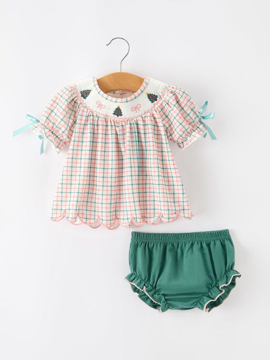 Girls Christmas Plaid Smocked Bloomers Set with Tree Embroidery -