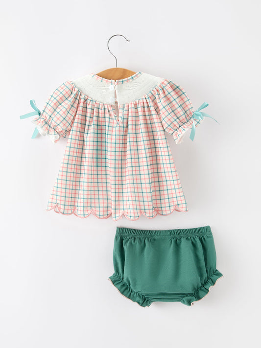 Girls Christmas Plaid Smocked Bloomers Set with Tree Embroidery -
