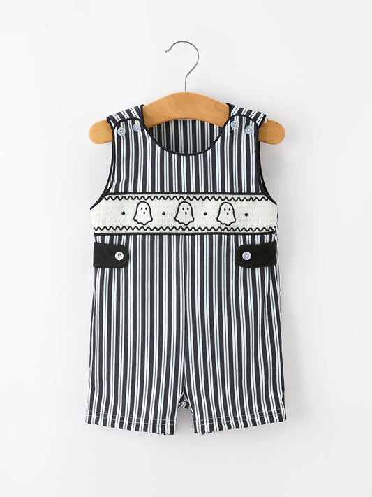 Halloween Ghost Smocked Boys Jon Jon Embroidered Romper -