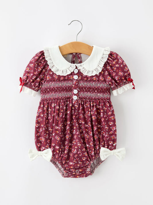 Burgundy Floral Smocked Baby Girl Bubble Romper Peter Pan Collar -