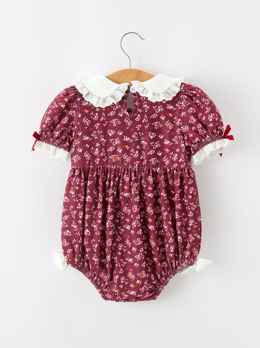 Burgundy Floral Smocked Baby Girl Bubble Romper Peter Pan Collar -