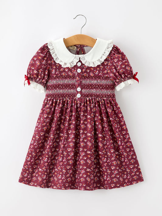 Burgundy Floral Smocked Girls Dress Peter Pan Collar Lace Trim -
