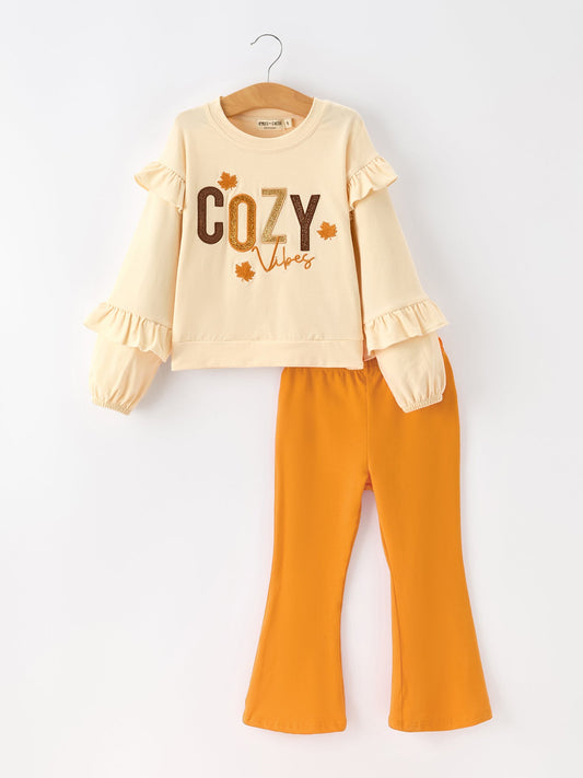 Fall Cozy Girls Ruffle Top Bell Bottom Pants Set -