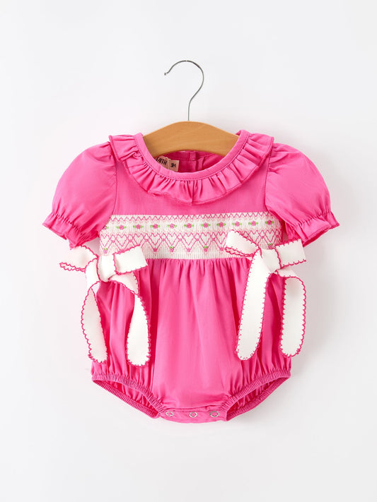 Fall Baby Girl Hot Pink Ruffle Smocked Embroidery Romper -