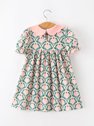 Fall Geometric Floral Girls Dress Petals Collar Smocked