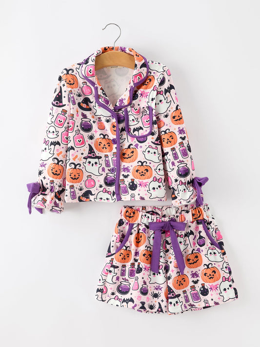 Halloween Pumpkin Ghost Print Girls Pajama Set -