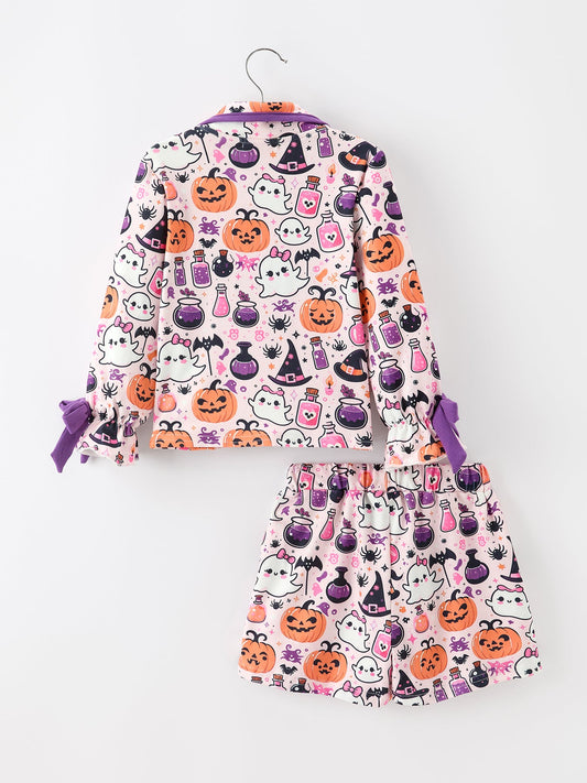 Halloween Pumpkin Ghost Print Girls Pajama Set -