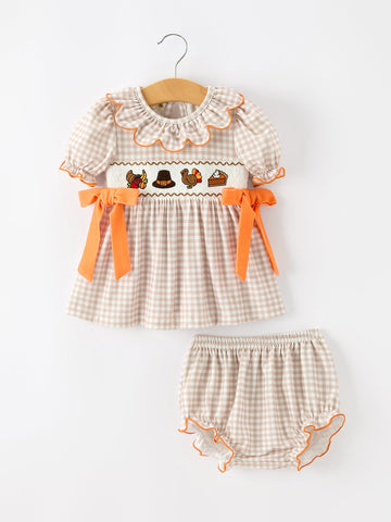 Thanksgiving Smocked Girls Dress Bloomer Set Turkey Embroidery