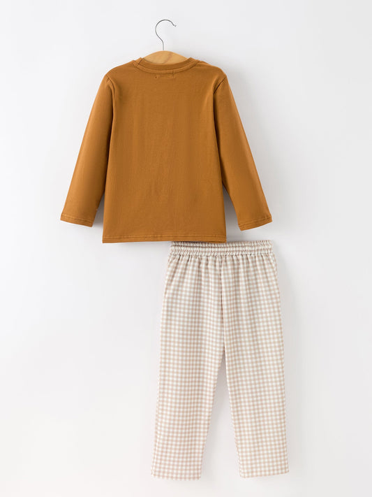 Thanksgiving Boys Embroidered Shirt Gingham Pants Set Fall Outfit -