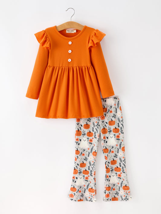 Fall Halloween Pumpkin Ghost Print Girls Long Sleeve Set -