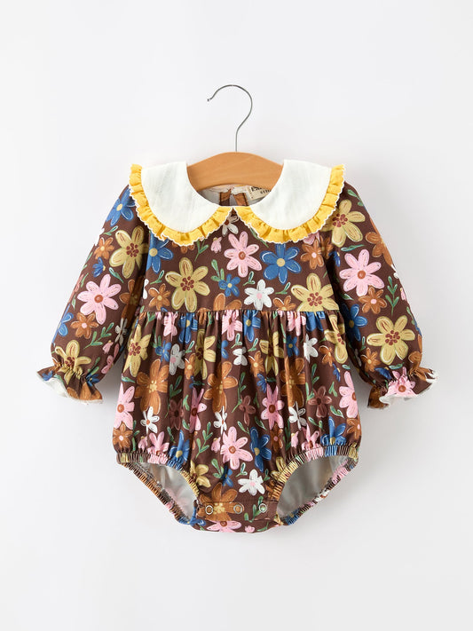Fall Retro Floral Baby Girls Bubble Romper -