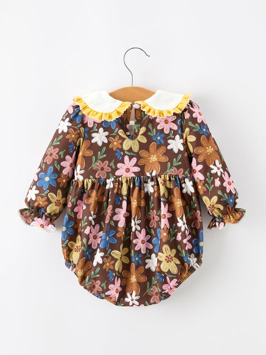 Fall Retro Floral Baby Girls Bubble Romper -