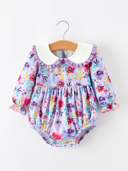 Fall Purple Floral Baby Girls Bubble Romper -