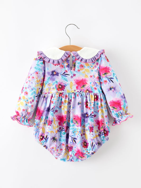 Fall Purple Floral Baby Girls Bubble Romper -