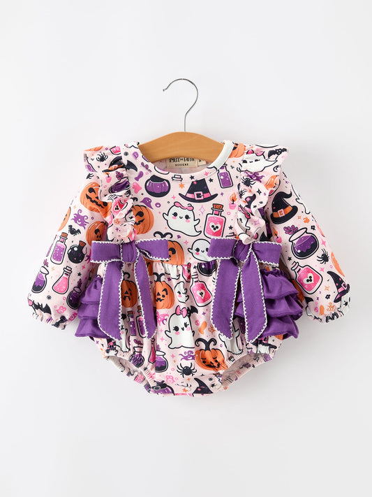 Halloween Pumpkin Ghost Baby Girl Bubble Romper Ruffle Bow Detail -