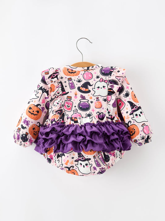 Halloween Pumpkin Ghost Baby Girl Bubble Romper Ruffle Bow Detail -