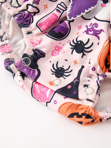 Halloween Pumpkin Ghost Baby Girl Bubble Romper Ruffle Bow Detail