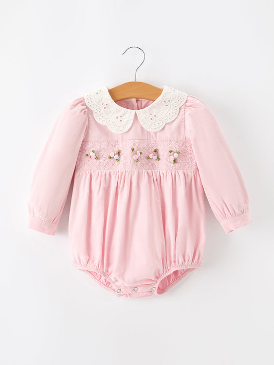 Fall Pink Smocked Baby Girl Bubble Romper Peter Pan Collar Floral Detail -