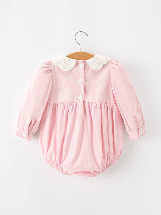 Fall Pink Smocked Baby Girl Bubble Romper Peter Pan Collar Floral Detail -