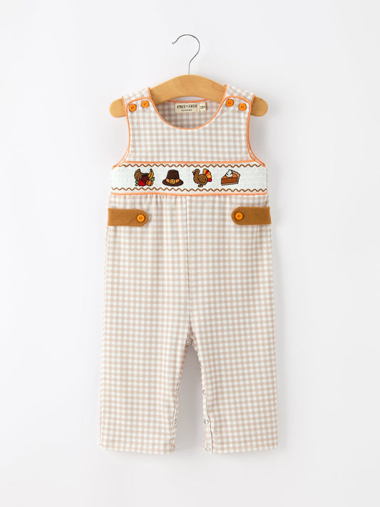 Thanksgiving Boys Gingham Jon Jon Embroidered Romper -