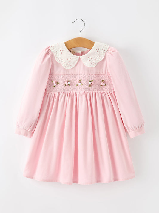 Fall Pink Smocked Girls Dress Peter Pan Collar Long Sleeve Floral Detail -
