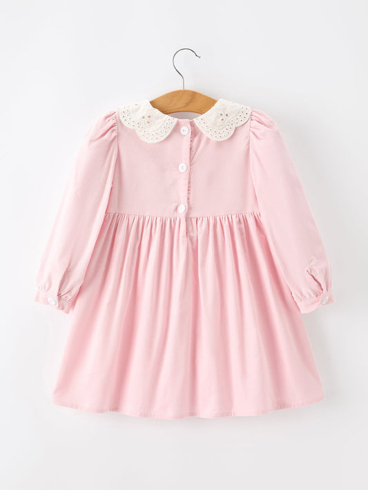 Fall Pink Smocked Girls Dress Peter Pan Collar Long Sleeve Floral Detail -