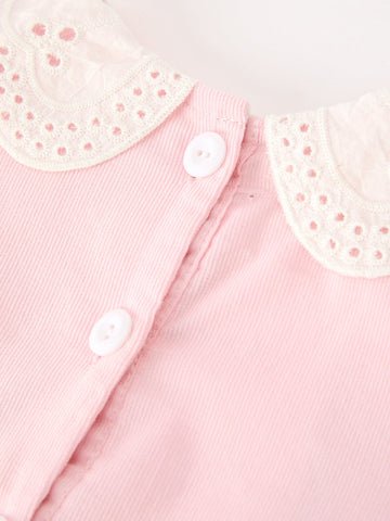 Fall Pink Smocked Girls Dress Peter Pan Collar Long Sleeve Floral Detail