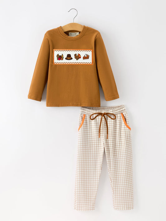 Thanksgiving Boys Embroidered Shirt Gingham Pants Set Fall Outfit -