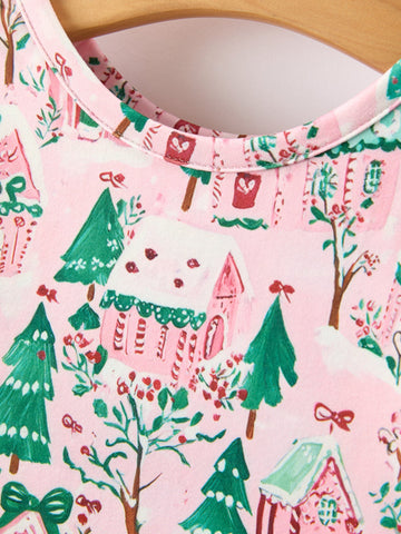 Christmas Girls Pink Holiday Village Print Twirl Dress