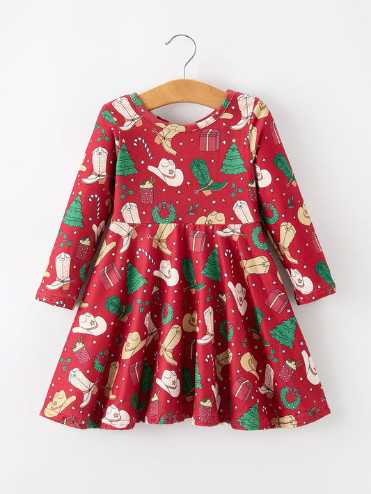 Girls Christmas Wreaths Twirl Long Sleeve Festive Dress -
