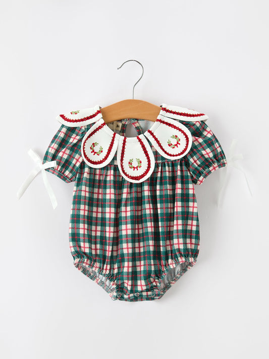 Baby Girl Christmas Plaid Wreath Embroidery Bubble Romper -