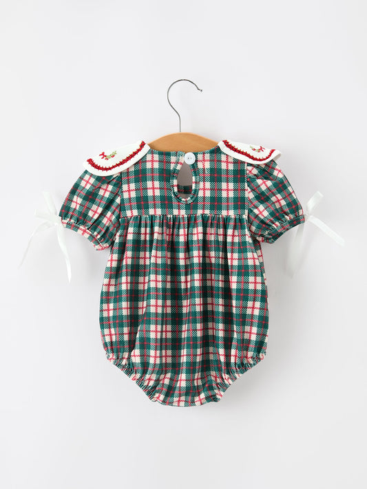 Baby Girl Christmas Plaid Wreath Embroidery Bubble Romper -