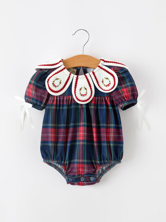 Navy Red Christmas Plaid Wreath Baby Girl Bubble Romper -