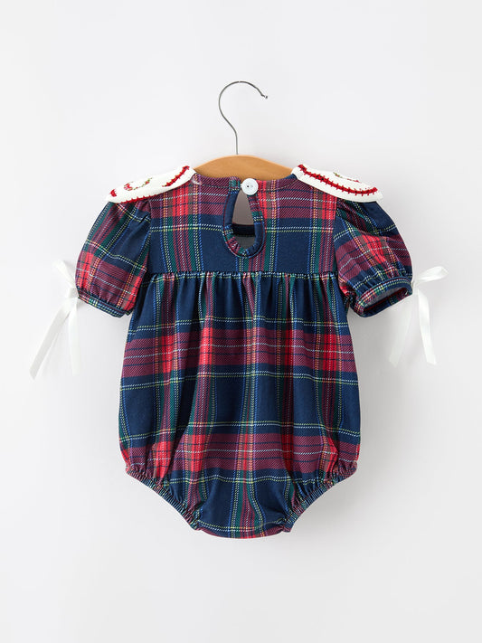 Navy Red Christmas Plaid Wreath Baby Girl Bubble Romper -