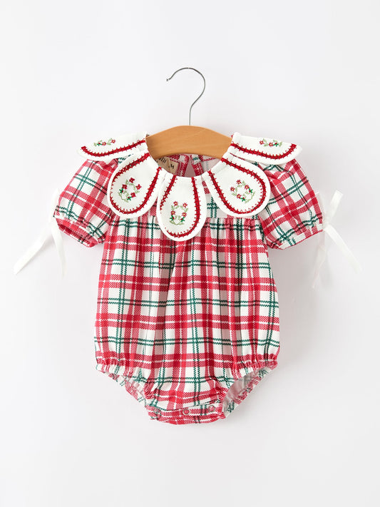 Red Christmas Plaid Wreath Baby Girl Bubble Romper -